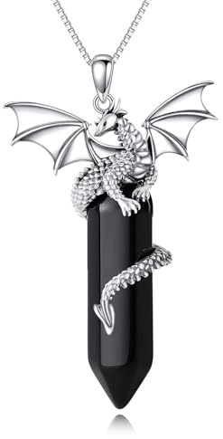 VONALA Drachen Halskette Sterling Silber Drache Sechseckige Heilung Kristall Halskette Schwarzer Stein Drache Anhänger Drachenschmuck Geschenk für Frauen Männer Teens