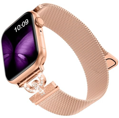 MaEiol Metallo Cinturini per Cinturino Apple Watch 41mm 40mm 38mm /Series 10 42mm, Cinturino Magnetico Diamante Acciaio Inossidabile Bracciale per Apple Watch SE/Series 10 9 8 7 6 5 4 3 2 1, Rosa Oro