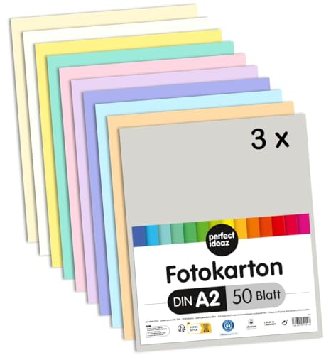 perfect ideaz - 150 Blatt Fotokarton DIN-A2, 10 Farben, stabiler recycling Karton 300 g/m², Made in Germany, Blauer Engel zertifiziert