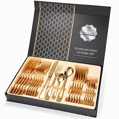 LIKECRAFT Set di posate, stoviglie complete da 24 pezzi Set di posate in acciaio inossidabile Scatola di posate Forchetta Cucchiaio Coltello Set di posate in oro rosa Set di stoviglie in oro