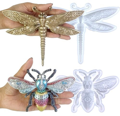 Voaesdk Lot de 2 moules en silicone en forme d'animal 3D, moules en résine époxy en forme de libellule mignonne et abeille pour moulage de résine, loisirs créatifs, armoires de bureau à domicile,