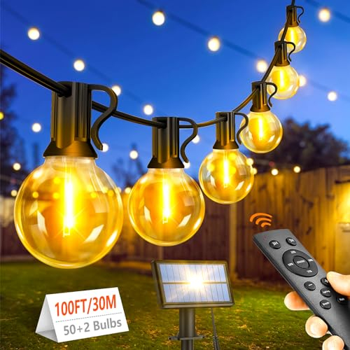 30M Solar Lichterkette Außen Strom: 50+2 LED Glühbirnen Outdoor Lichterketten Wetterfest Dimmbar Warmweiß Retro Lights Aussen Dekoration für Halloween Hochzeit Party Pavillon Balkon