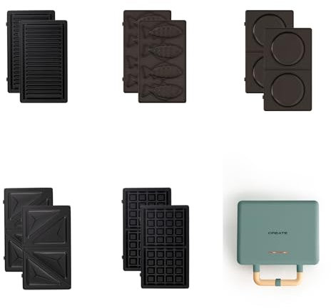 CREATE/STONE STUDIO/Doppelter Sandwichmaker und Grill in Salbeigrün / 5 austauschbare Platten: Grill, Waffel, Sandwich, Taiyaki und Pfannkuchen, 100º Öffnung, Retro-Stil, 800W
