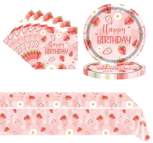 POPOYU 37 Stück Erdbeere Partygeschirr Set, Geburtstag Deko Mit Teller Servietten Tischdecken, Dekoration Geschirr Partyzubehör für Junge Mädchen Kindergeburtstag (16 Gäste)
