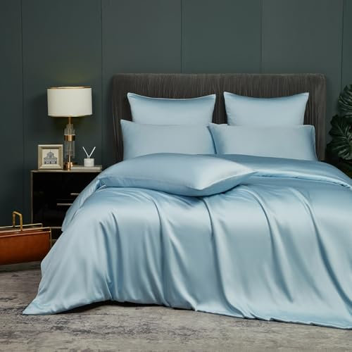 Luofanfei Bambus Bettwäsche 135x200 cm Blau Hellblau Sommer Kühlende Uni Bambusfasern Lyocell Glänzend Bettwäsche Set Atmungsaktiv Bamboo Zweiteilig Bettbezug 135 200 Einzelbett mit Reissverschluss