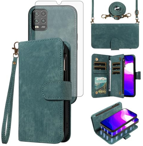 Asuwish Funda de teléfono para Xiaomi Mi 10 Lite/Mi10Lite 5G/Mi10 Youth 5G con cremallera, funda magnética desmontable con protector de pantalla de vidrio templado, cordón para tarjetas, Mi 10Lite G5,
