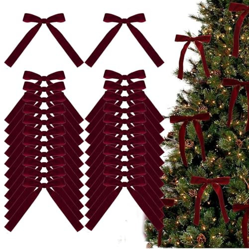 24 Pezzi Fiocchi Rosso Albero di Natale | 7x5 Pollici Fiocchi di Velluto per Albero di Natale | Fiocchi di Velluto Rosso Bordeaux per Christmas Tree Decorations | Decorazioni Albero di Natale Rosse