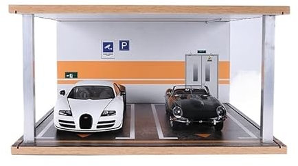 Parking Garage Scène Modèle Miniature Boîte de Rangement en Acrylique Anti-poussière, scène de modèle de Voiture 1:18, Simulation de Parking, Garage, vitrine avec lumière(Two Parking Spaces - Walnut)