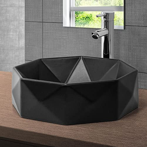 LuxeBath Lavabo da Appoggio in Ceramica Nero Opaco Ø 42 x 13,5 cm Lavandino Rotondo Diamante Moderno Lavamano con Foro di Scarico Sanitari Lavello Elegante per Bagno Toilette WC
