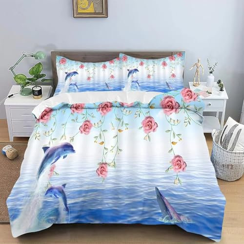 SJSXWQN Bettwäsche 135x200 Blauer Delphin Bettwäsche-Set mit Reißverschluss Schließung für Kinder Mädchen Weicher Atmungsaktive Mikrofaser Bettbezug + 2 Kopfkissenbezug 80x80 cm