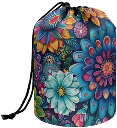 Wnbucioht Hippie Lotus Drawstring Cosmetic Bags Barrel Makeup Bag,Women Girls Foldable Toiletries Cases Organizer Multifunctional Toiletry Bucket Bags Round Organizer Storage Pocket