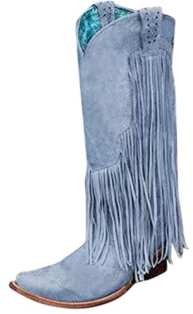 LCpddajlspig Stivali Texani Donna Tinta Unita Camperos Stivaletto Cowboy ​​con Franges Stivaletti Vintage ​​con A Blocco Boots in Pelle Scamosciata​​ ​​A Punta​​ Blu Chiaro 41