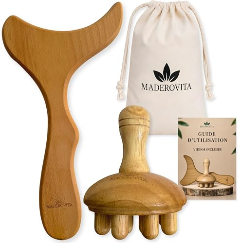MADEROVITA Kit Madérothérapie – Massage Anti-Cellulite & Drainage Lymphatique – Bois Naturel – Raffermissant, Relaxant & Récupération Musculaire – Planche Gua Sha & Champignon – Guide + Vidéos
