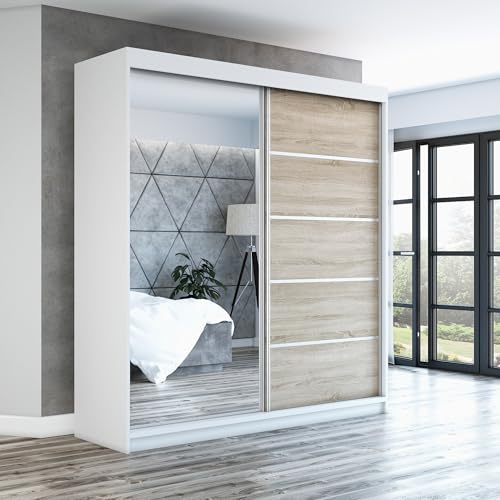 A&J MöbelLand Schwebetürenschrank GAPI Kleiderschrank 2-türig mit Spiegel, Garderobe 180 cm (Weiß/Sonoma/Sonoma)