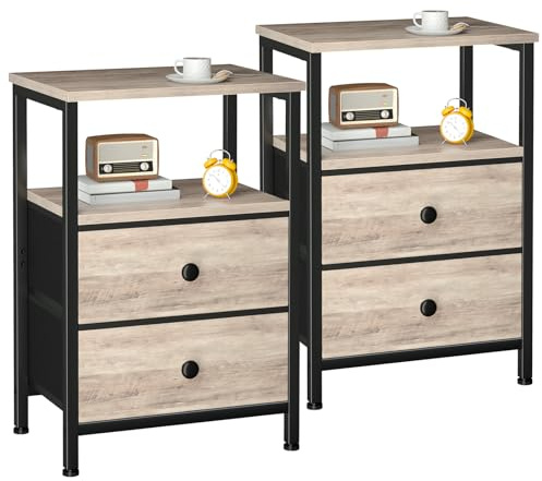 LOAKEKEL Bedside Table, Side Tables Set of 2 with 2 Fabric Drawers | Sofa Table, Bedside Cabinet with Open Storage Shelf, End Table, Nightstand for Living Room, Bedroom, Gray UHETS002GY