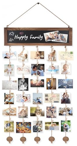Support Photo Mural Créatif avec 30 Petits Clips en Bois et 3 Aimants Bois