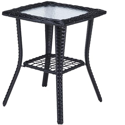 Table d'appoint en osier noir avec plateau en verre, table d'appoint en rotin résistant aux intempéries pour terrasse, jardin, bistro, élégante et table basse