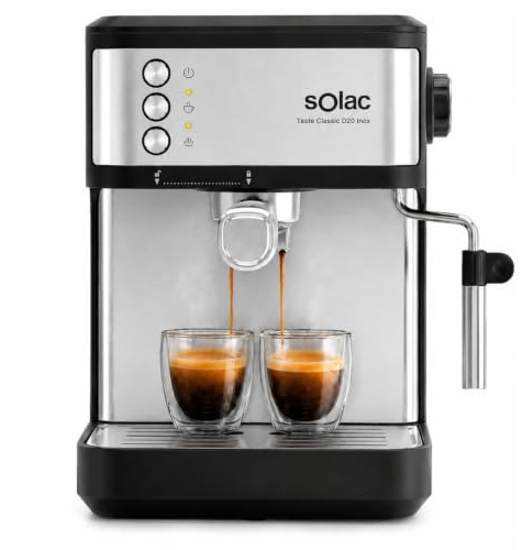 Solac Taste Classic D20 Espressomaschine aus Edelstahl | 850 W | Druck 20 bar | Tank 1,8 l | Arm 1 und 2 Ausgänge | Dampfgarer | Oberfläche erhitzt Tassen | automatische Abschaltung