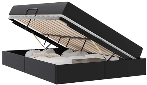 Mhdvray Schwarzes Leder Doppelbett 140x200 cm mit Stauraum und Matratze Hydraulischer SeitLift Metallrahmen für Schlafzimmer und Gästezimmer