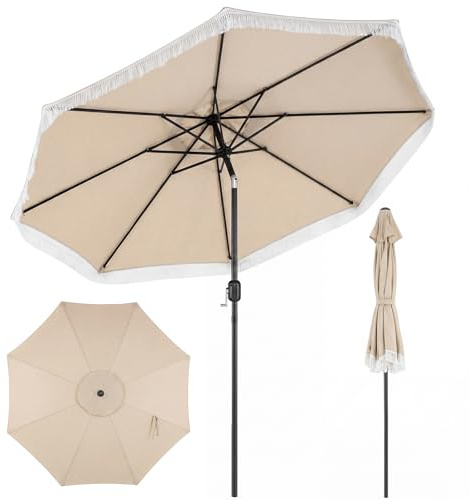 COSTWAY Parasol de Jardin Exterieur à Franges, Parasol Balcon Droit en Polyester, 30° Inclinaison, 8 Baleines en Métal, Bouton-Poussoir, Manivelle, pour Terrasse Jardin Piscine