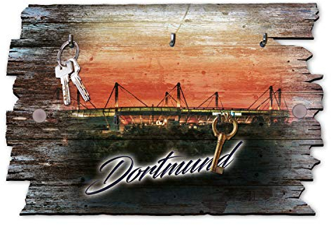 Kreative Feder Dortmund Stadion Designer Schlüsselbrett, Hakenleiste im Landhaus-Stil, Shabby-Chic aus Holz 30x20cm (Dortmund Stadium)