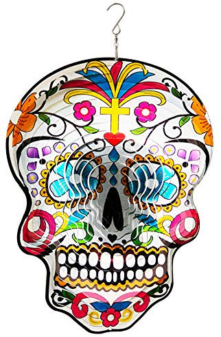 FONMY Kinetic 3D Metal Garden Wind Spinner Quality Hanging Ornament for Home and Garden 12inch Mandala Silver Sugar Skull Wind Spinners