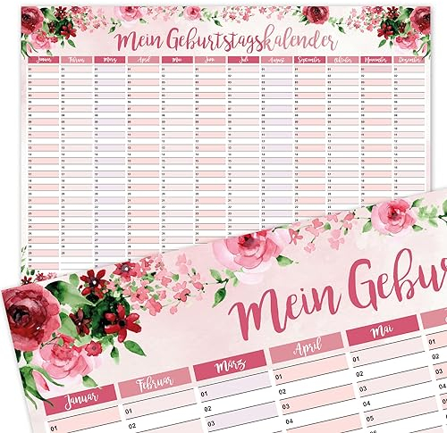 Geburtstagskalender Rose Motiv I DIN A3 I Dauerkalender jahresunabhängig I Wandkalender für Mädchen, Frauen und die ganze Familie I dv619