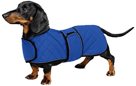 Geyecete - Warm Waterproof Dachshund Dog Coat with Warm Fleece Lining and Adjustable Strips, Winter Jacket for Small and Medium Dogs-Blue-M