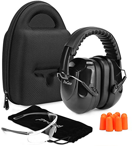 Procase Casque Antibruit et Lunettes pour Tir Chasse, + Casque SNR 32 dB, + 10 Bouchons d'Oreille SNR 36dB, Ensemble SNR Maximal de 40 dB, + Lunettes de Protection Optimale, avec Boîte Antichoc-Noir