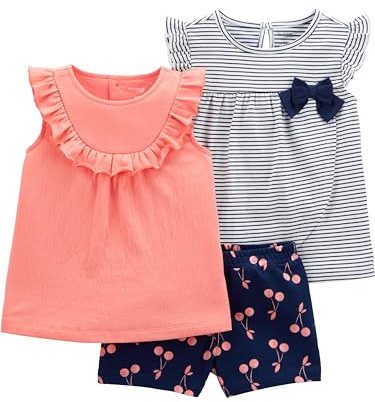 Simple Joys by Carter's 3-Piece Playwear Set T-Shirt, Blu Marino Righe/Pesca/Ciliegie, 18 Mesi Bambino-Ragazze