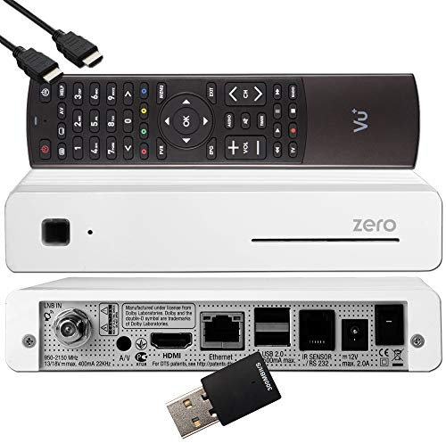 VU+ Zero HW Version 2-1x DVB-S2 Full-HD Sat Tuner E2 Linux Receiver, YouTube, Satellit Receiver mit Aufnahmefunktion, Kartenleser, Media Player, EasyMouse HDMI-Kabel & 300 Mbits WiFi Stick, weiß