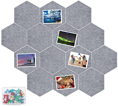 AHUNTTER 14PCS Hexagon Felt Tiles Self-Adhesive Wall Memo Boards Decorations Bulletin Board with 50 Push Pins - Grey, 200 x 170 x 9mm