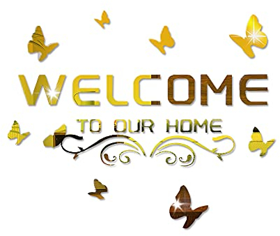 Welcome to Our Home Acrylic Mirror Wall Stickers Sign Letters with Butterfly and Vine, Removable Mirror Wall Decals, Art Murals for Living Room, Door, Porch Decoration (Gold)