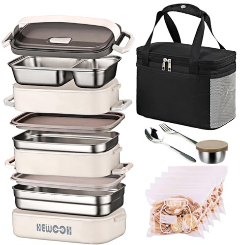 HEWOOH Bento Box Erwachsene Lunchbox (2.097 ml großes Fassungsvermögen), wiederverwendbar, inklusive Lunchtasche, Gabel und Löffel, 3 Trennwände, Picknick, Spülmaschine und Mikrowelle (weiß)