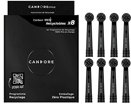 Candore - 8 Aufsteckbürsten Brew One schwarz | mit Kohle, gekreuzte Aktion – für Oral-B elektrische Zahnbürste | Recycling-Programm | Verpackung ohne Kunststoff