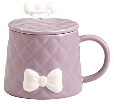 MOMEITU Kawaii - Taza Grande de Cerámica para Desayuno con Lazo Lindo para Niña, Taza de Agua, Linda Taza de Leche, Taza de Café, Taza de Agua con Banda Kawaii (350 ml, Púrpura)
