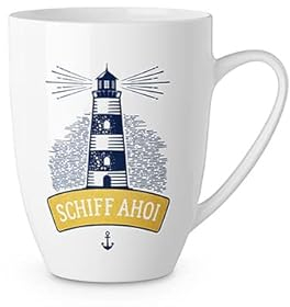 Seaside No.64 - Maritime Tasse/Schale aus Porzellan mit Aufschrift Schiff Ahoi, Anker und Leuchtturm - Henkeltasse, Kaffeetasse, Müslischale, Frühstück, Tee (1 Becher)