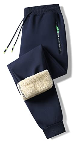 ZOXOZ Jogginghose Herren Baumwolle Sherpa Gefüttert Warme Winter Fleece Traininghose Sporthose Lang mit Reißverschluss Taschen Blau XL