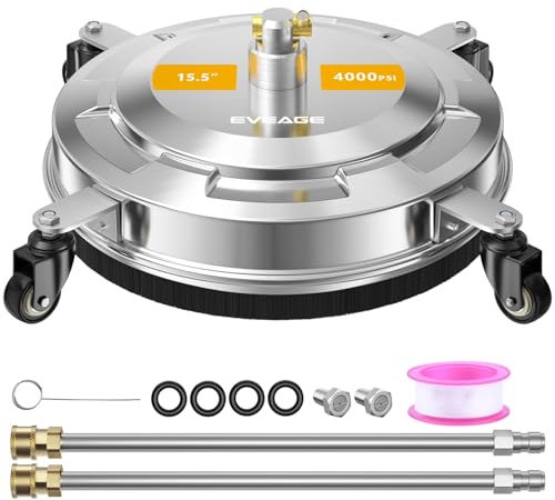EVEAGE 15.5 Pressure Washer Surface Cleaner, Power Washer Surface Cleaner with 4 Wheels, Stainless Steel Housing Power Washer Accessories with 2 Extension Wands, Replacement Nozzles & 4000 PSI,EP006