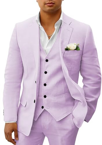 HUUTOE Herrenanzug aus Leinen, 3-teilig, Strand-Hochzeit, Trauzeugenanzug, Sommer, lässig, Leinen, Blazer, Weste und Hose, Smoking-Set, Flieder, M