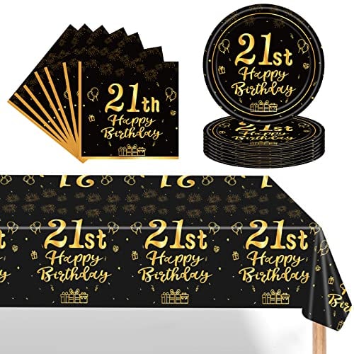 POPOYU 37Pcs Black Gold 21st Birthday Tableware Set,Happy Birthday Party Dinnerware Set,Black Gold Paper Plates 7 Inch Napkins Table Cloth for Men,Women,Him,Her 21st birthday Gifts Party Supplies