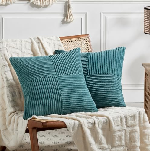 Fancy Homi Dekorative Kissenbezüge für Wohnzimmer, Couch, Bett, Sofa, rustikales Bauernhaus, Boho, Heimdekoration, weicher Cord, Corss-Patchwork, Akzent, quadratisch, 50 x 50 cm, Türkisfarben, 2