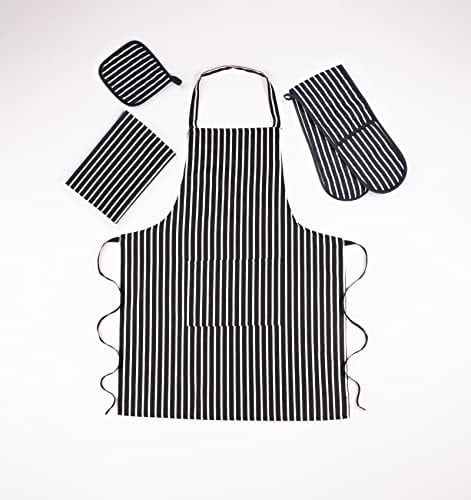 100% Cotton Heat Resistant Stripe Double Oven Glove Mitt for Home Kitchen Restaurant Hot Oven Pots Kitchen Tray Pans,Set of 4-Black