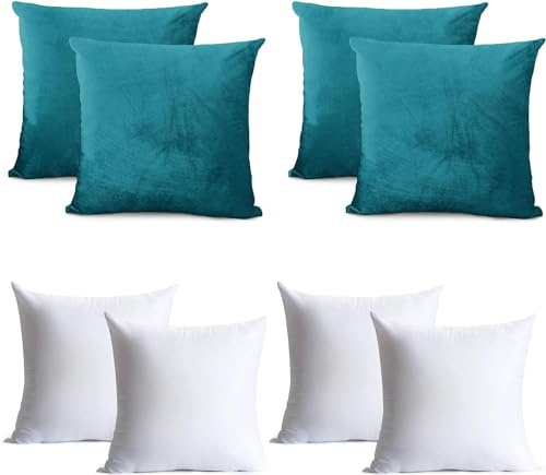 Oxford Homeware Teal Cushion Covers 45cm x 45cm (Pack of 4) Cushions with Covers Included – Decorative Velvet Cushions for Living Room Sofa Bedroom with Invisible Zipper, 18 x 18 Inches