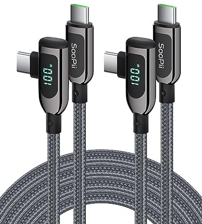 SOOPII 100W Right Angle USB C to USB C Cable,2Pack 6.6FT Zinc Alloy Braided Type-C Cable with LED Display for lphone 15, lPad Air/Pro,MacBook Pro,Galaxy S23/S22/S10,Pixel,LG(2m,grey)