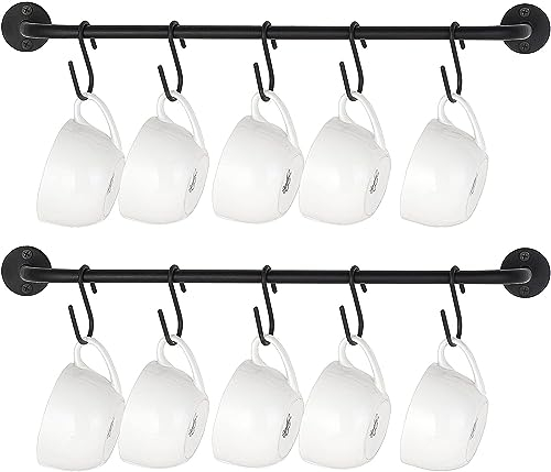 QIUKUN Mug Holder Wall Mounted Coffee Cup Rack Hanger Modern Metal Mugs Wall Rack with 10 Mug Hooks Rustic Utensil Tea Cups Storage Organizer for Kitchen Dining Room Coffee Bar