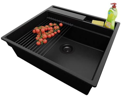 PRIMAGRAN Evier Cuisine en Granit Tout Noir 58x53cm, Lavabo 1 bac + Kit de Vidage + Accessoires, Évier à Encastrer al mueble 60cm - Oslo Pocket S202