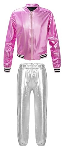 Conjunto de Disfraces de Hip Hop para Niña Niño metálicos Brillantes Sudadera Pantalones Joggers Ropa de Baile años 90 Trajes Disfraz Rosa y Plata 9-10 años