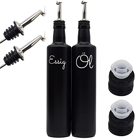 Essig und Ölflaschen Set Schwarz 250 ml aus Glas, Edelstahl-Ausgießer, Deckel mit Kunststoffausgießer für den Tisch mit Beschriftung (Weiß)