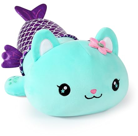 shownicer Plüschtier Katze Meerjungfrau Kuscheltier Stofftier Kawaii Katze Plüsch Kätzchen Plüschkissen Spielzeug Wurfkissen Schmusetier Geschenk für Kinder Mädchen 12+ Jahre (Blau Meerjungfrau, 30cm)